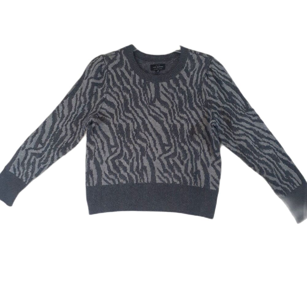 Lucky Brand Women Sz L Black Gray Animal Print Crew Neck Cropped Sweater Y2K